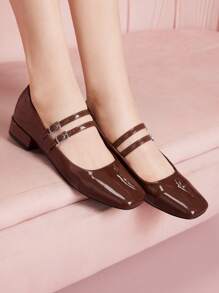 CUCCOO DOLLMOD CUCCOO Fashionable Silver Metallic Mary Jane Chunky Heeled Flats - Mocha Brown - View 4