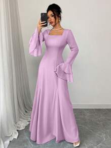 Rafferiza Blue Square Neck Layered Ruffle Sleeve Flare Hem Long Dress For Women Fall Cloth For Women