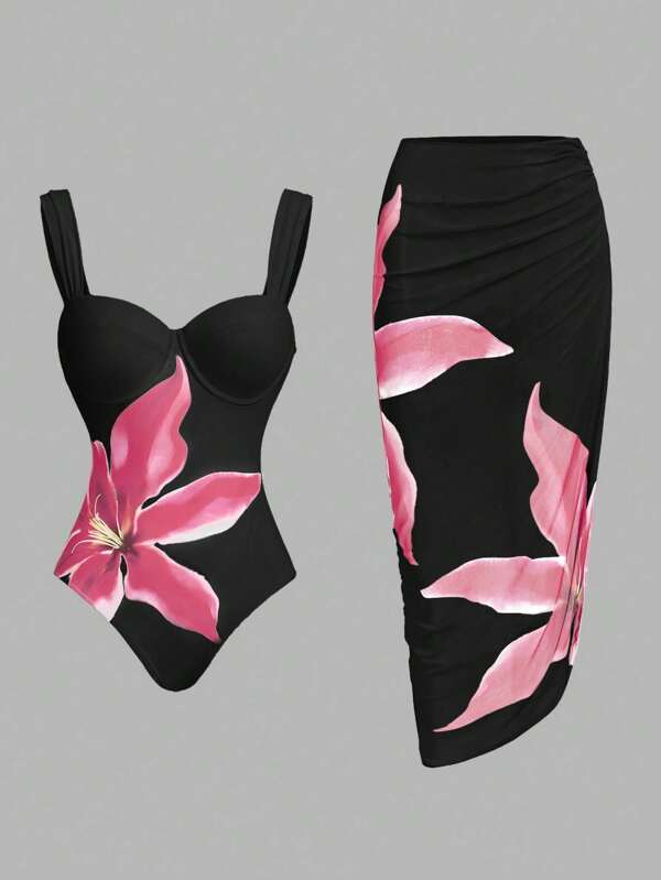 Swim Oasis 1 bucată Costum de baie dintr-o singură piesă pentru damă cu imprimeu floral, cu bretele spaghete, cu sarong