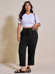 Elaquor Pantalones a rayas en blanco y negro de uso casual y sencillo, para uso diario en todas las estaciones, tallas grandes - Negro - Ver 7