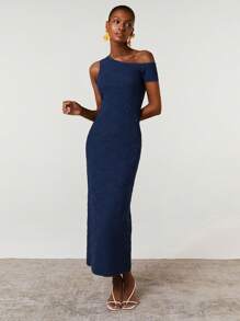 Athîral Women Casual Asymmetric Shoulder Solid Color Mini Bodycon Knit Dress, Summer - Navy Blue - View 5