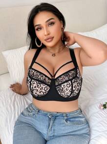 SHEIN 1 件大码蕾丝刺绣无钢圈内衣文胸 - 黑色 - 查看 4