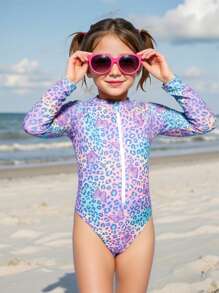 SHEIN 高品质长袖女童连体泳衣，适合海滩、度假村和温泉