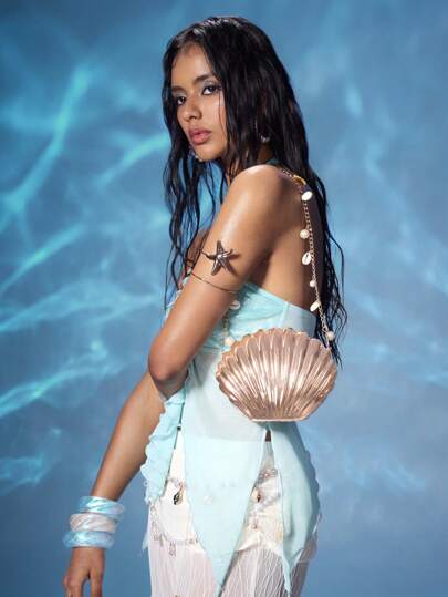 Fairycore Women's Light Golden Metallic Shell-Shaped Clutch Bag With Pearl& Shell Chain Strap, Elegant Beach Vacation Evening Purse For Seaside Parties & Resort Outing