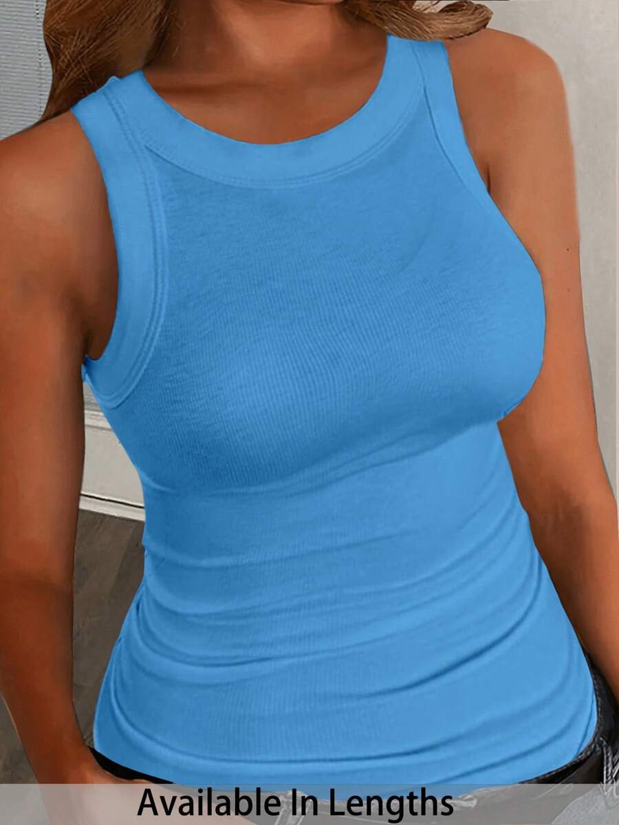 SHEIN PETITE CURVE 大码休闲基本款修身蓝色圆领背心 - 藍色 - 查看 1