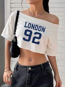 StreetHx 女士短款斜肩宽松T恤，LONDON 92 夏季短袖超大白色短款T恤 - 白色 - 查看 1