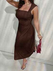 Firerie 加大码女式纯色荷叶边法式度假连衣裙