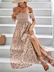 Breezaya Đầm Maxi hở vai hở vai họa tiết hoa mùa hè cho kỳ nghỉ bãi biển dành cho nữ - Màu be - Xem 6