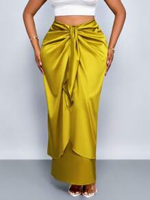 SOLERSUN 加大码女式 Faii 和冬季优雅简约浪漫系带缎面长裙，适合约会，双层系带裙适合舞会，姜黄色茧型裹身设计裙