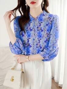 SHEIN LUNE 女式休闲荷叶边下摆七分泡泡袖衬衫 - 彩色 - 查看 6