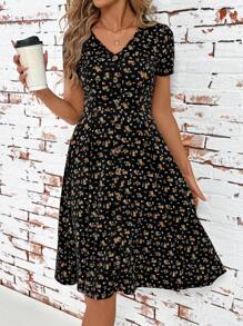 SHEIN Clasi Women's New Fashion Elegant V-Neck Ditsy Floral Pattern Buttoned Sun Dress Mid-Length, Short Sleeves, Suitable For Daily Commuting Work Outfit, Summer Mother's Day Dress,Bohemian Clothes