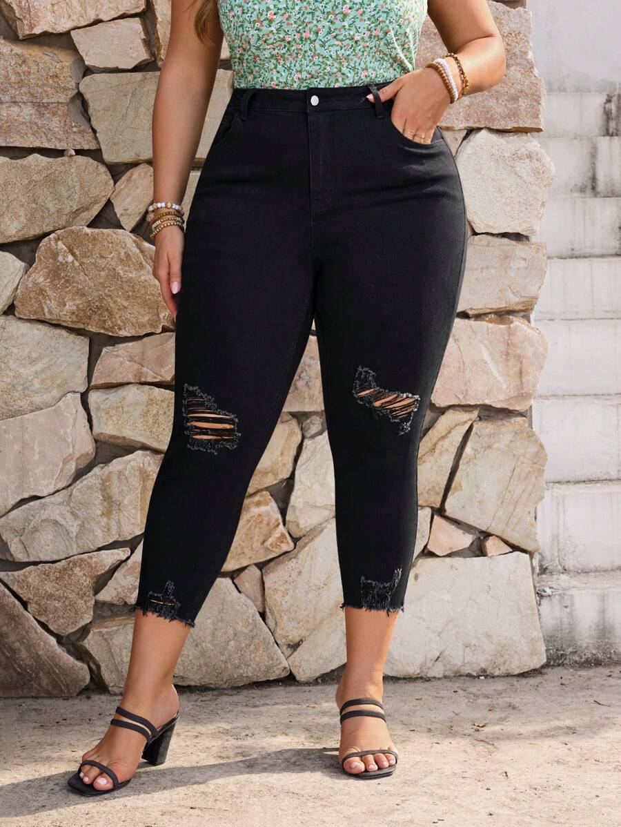 Quần Capri denim rách thường ngày cỡ lớn cho nữ - màu đen - Xem 1