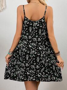 Maternity Ditsy Floral Button Design Casual Strap Dress, Suitable For Vacation - Black - View 2