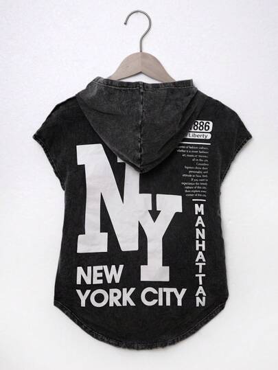 SHEIN Tween Boy Fashion Casual Y2k Cool Cute White Letter Sports Return To School College Pattern Design Black Knitted Denim Hooded Top For Kids Clothes Boys Costume Dailywear And Kids Summer And Spring Rave Outfits Festival And Beach Outfits Clothes