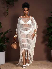 Slaydiva 2025 New Summer Beach Music Festival Party Hollow Sexy Beige Solid Color Off-Shoulder Plus Size Women Knit Beach Dress Coverup - Beige - View 7