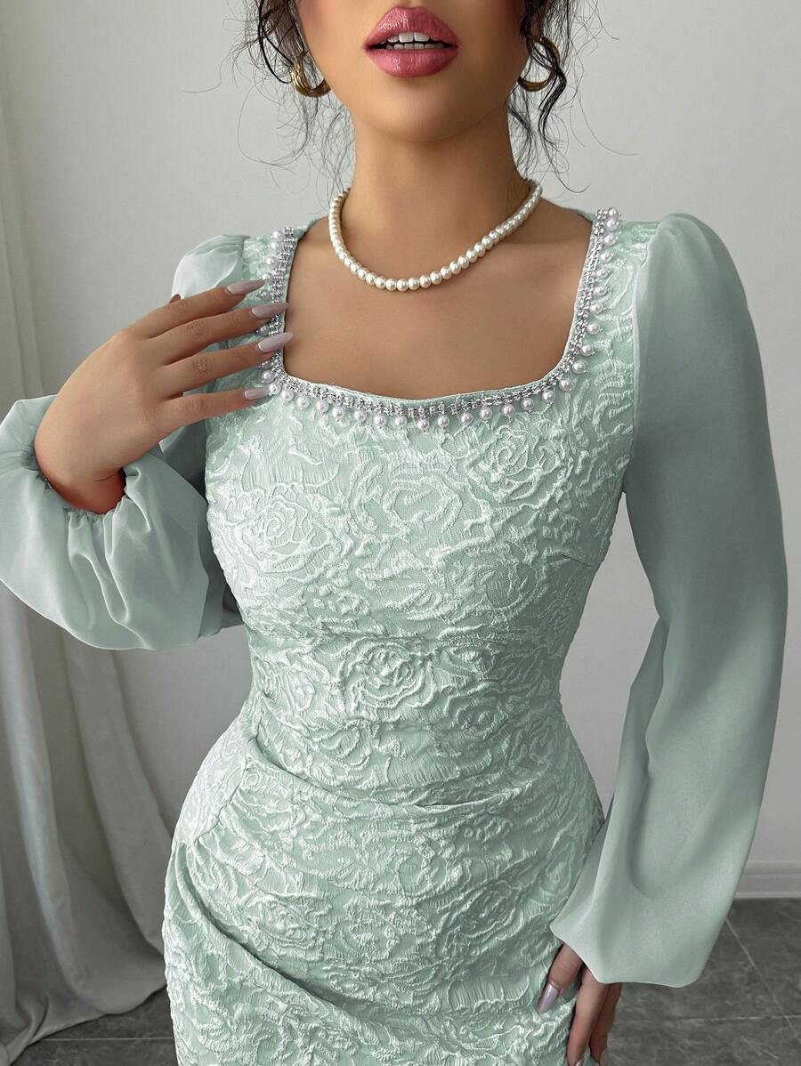 Modelyn 女式杏色块链提花腰部修身连衣裙 - 綠色 - 查看 1