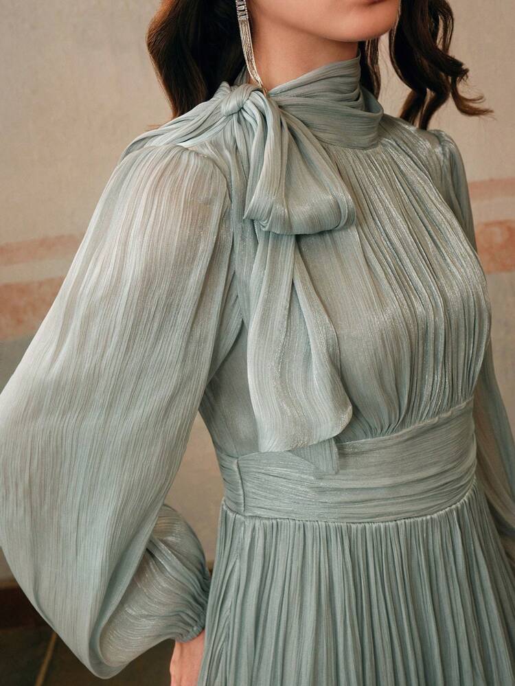 Anewsta Essential Women's Long Dress With Waist Pleating, Glossy Finish, Elegant & Versatile, Spring/Autumn