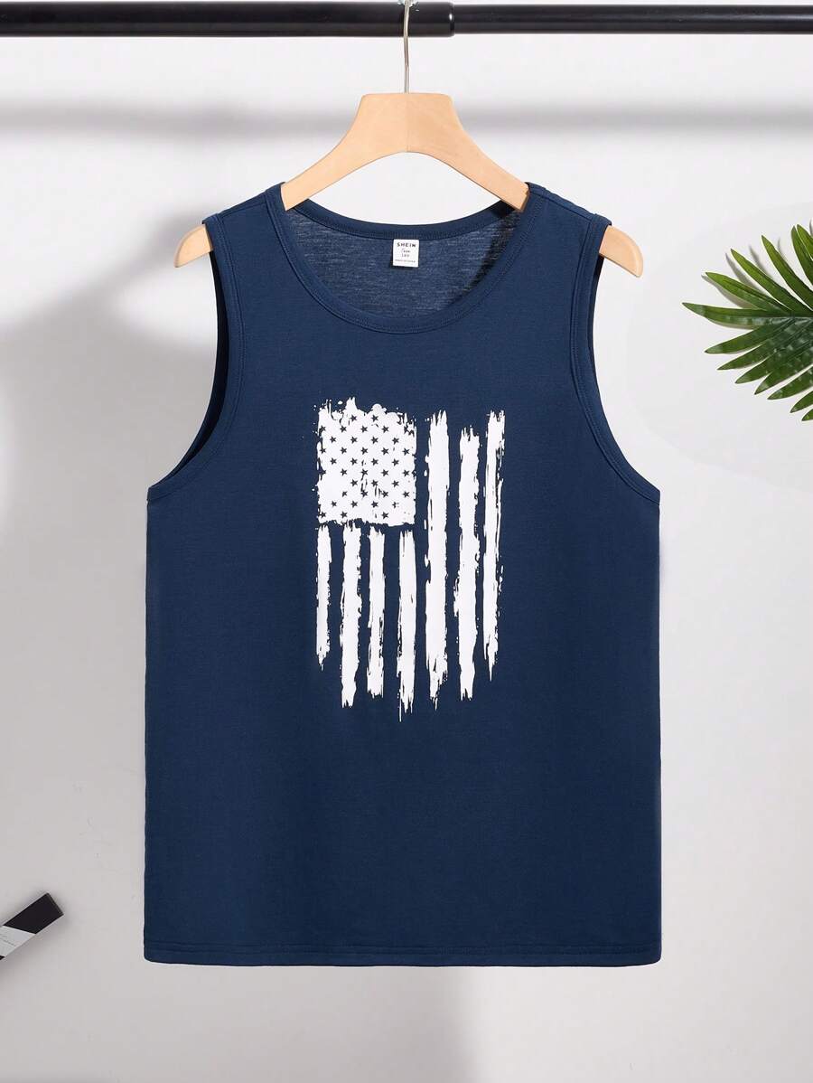 SHEIN 青少年男孩休闲无袖美国国旗图案背心，运动街头装朋克摇滚学院风，适合日常外出、派对、音乐节，适合春夏季