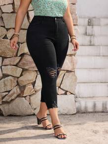Quần Capri denim rách thường ngày cỡ lớn cho nữ - màu đen - Xem 6