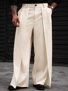 Manfinity Homme Plus Size Men's Casual Solid Color Wide Leg Pants, Fall - Apricot - View 4