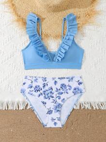 Tween Girls Bikini Suit,Ruffled Bikini Top And Floral Print Bikini Bottoms - Multicolor - View 5