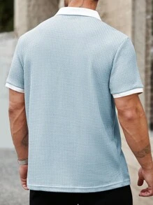 Manfinity Homme Plus Size Men's Solid Color Short Sleeve Polo Shirt, Fashionable For Summer - Baby Blue - View 2
