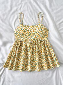 SHEIN Leap Crew 少女黄色褶皱格子樱桃水果印花荷叶边吊带背心，适合度假、节日、午餐、音乐节以及春夏季节 - 黃色 - 查看 5
