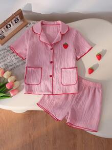 2pcs Girls' Pajama Set, Textured Fabric, Cherry Embroidery, Pocket Decor, Comfortable Short Sleeve Top And Shorts