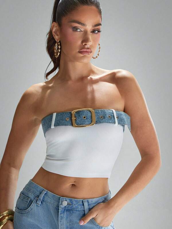 Denimoi Denim artificial cu centură tricot cu nervuri Crop Fashion Tube Top