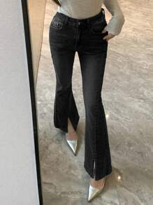 Joudiya Split Flare Jeans - Dark Grey - View 4