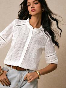 Poéselle 女士度假花卉刺绣七分袖单排扣休闲衬衫 - 白色 - 查看 6