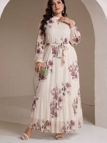 Veilorie Plus Size Elegant Floral Print Keyhole Neckline Lantern Sleeve Ruffle Hem Dress