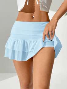 SHEIN EZwear Falda pantalón de unicolor con volantes en el bajo y talle bajo para mujer
