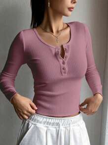 DAZY Women Solid Button Half Placket Ribbed Long Sleeve Casual T-Shirt, Autumn,Fall Women Clothes Thermal Lined