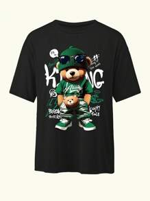 Nueva camiseta con estampado de oso de dibujos animados, top casual suelto de moda con cuello redondo, apto para uso diario en primavera y verano - Negro - Ver 3