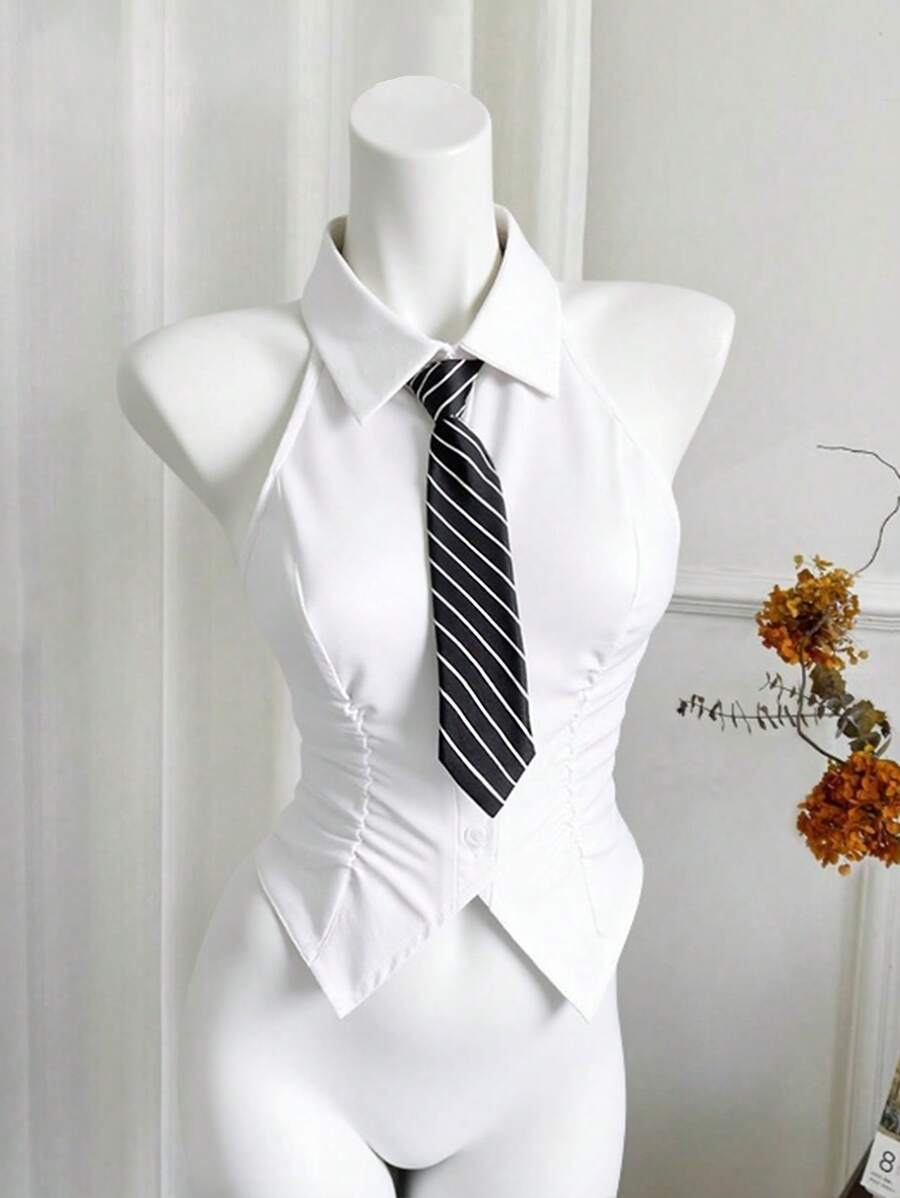 Sweetra American Style Solid Color Tank Top, Cropped Fitted Zip Up Collared Formal Shirt For Women - White - View 1
