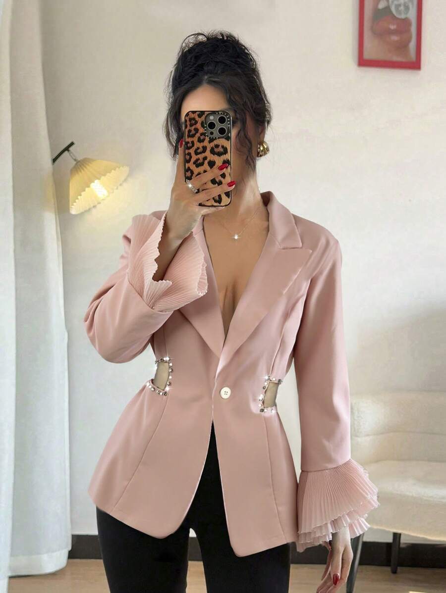 Chiquease Blazer elegante para mujer con mangas de encaje calado y tachas en la cintura