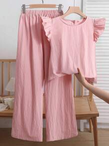 SHEIN 2er Set - Teenager Mädchen Lässig, vielseitig, Alltags-Tauglich, bequeme Bluse mit Rüschensaum & weite gewebte Hose, rosa, geeignet für Zuhause, Sport, Urlaub, Ausflüge, Partys, Dates, Einkaufen, Schule, Schulbeginn