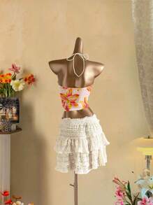 Attitoon Women's Casual Allover Floral Print Ruched Bust Form-Fitting Halter Camisole Top, Suitable For Summer - Baby Pink - View 2