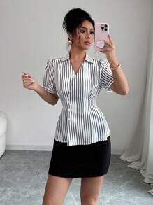 Elenzga 条纹系带腰V领衬衫，夏季时尚 - 杏色 - 查看 3