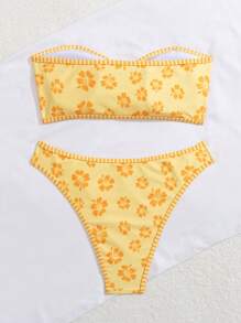 SHEIN Swim Bộ bikini Bandeau họa tiết hoa trang trí hình tròn (In ngẫu nhiên) - Màu vàng - Xem 2