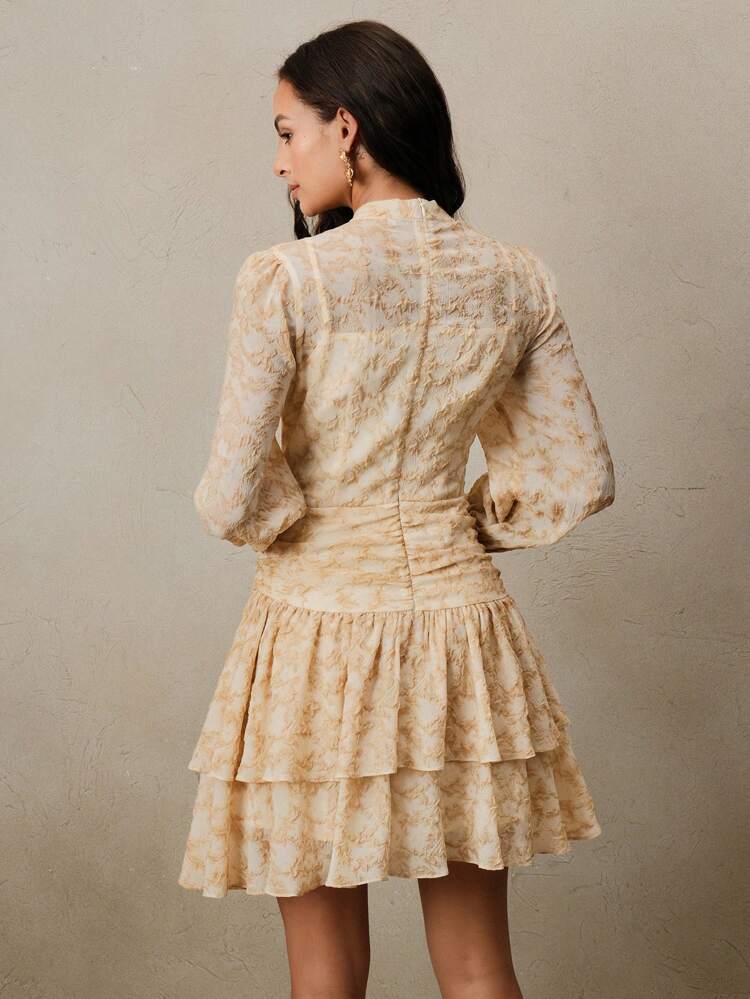 Women All-Over Print Stand Collar Long Sleeve Ruched Flounce Hem Dress