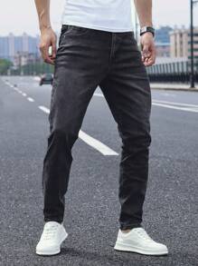 Manfinity Homme Men's Casual Washed Tapered Jeans Men Clothing Men Jeans - Black - View 3