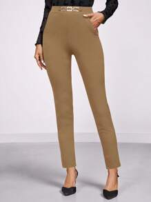 SHEIN Clasi Women's High Waist Metallic Buckle Detail Skinny Pants - Camel - View 4