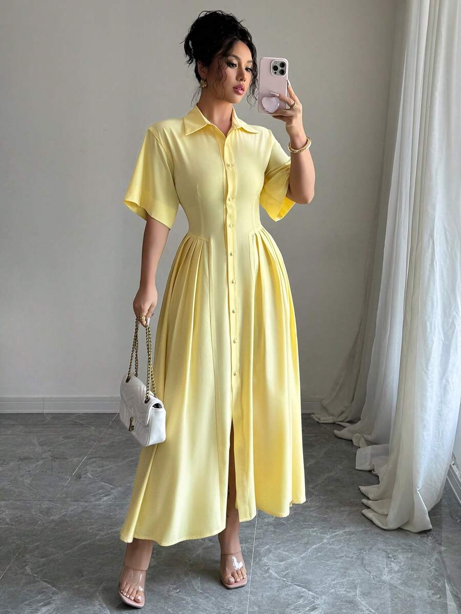 Elenzga 单排扣超长蓬蓬裙，黄色