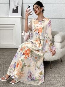 Yasmyna Abito da donna elegante e lungo alla turca con stampa floreale all-over, vestito maxi tradizionale arabo, modesto
