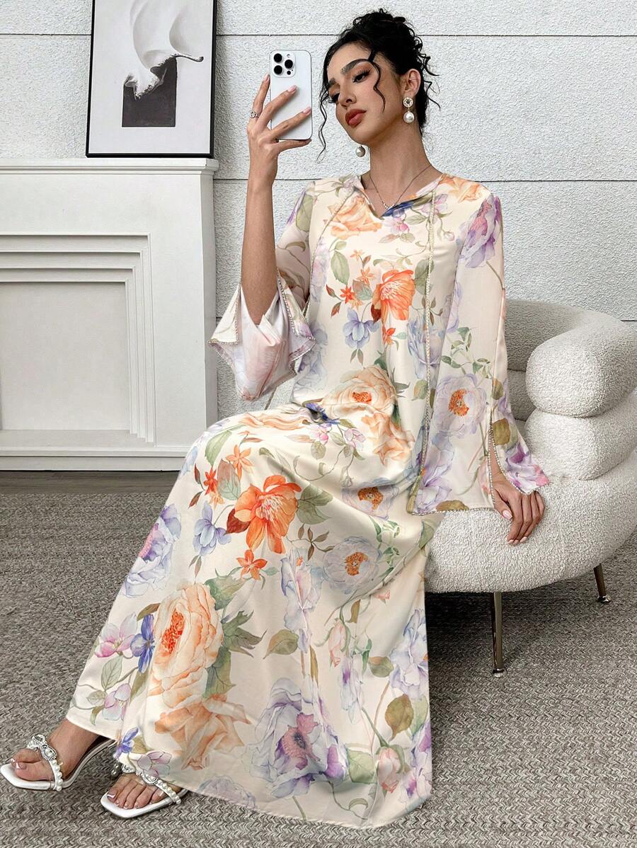 Yasmyna Abito da donna elegante e lungo alla turca con stampa floreale all-over, vestito maxi tradizionale arabo, modesto