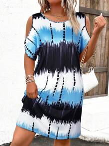 EMERY ROSE Plus Size Casual Colorblock Off Shoulder Loose Dress, Summer - Multicolor - View 3
