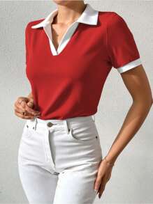 Chiquease Women's Summer Fashion Patchwork Contrast Trim T-Shirt - Red - View 1