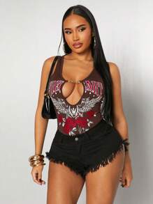 SHEIN SXY Vintage Inspired Sleeveless Bodysuit, Solid Black Color, Casual Street Style, Hollow Metal Chain, Rose Wing Pattern Print, Suitable For Everyday Wear And Music Festivals, Versatile Top - Brown - View 1